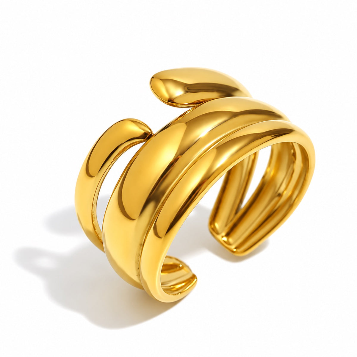 Anillo Ondas dorado ajustable de acero inoxidable 316L con diseño de curvas.