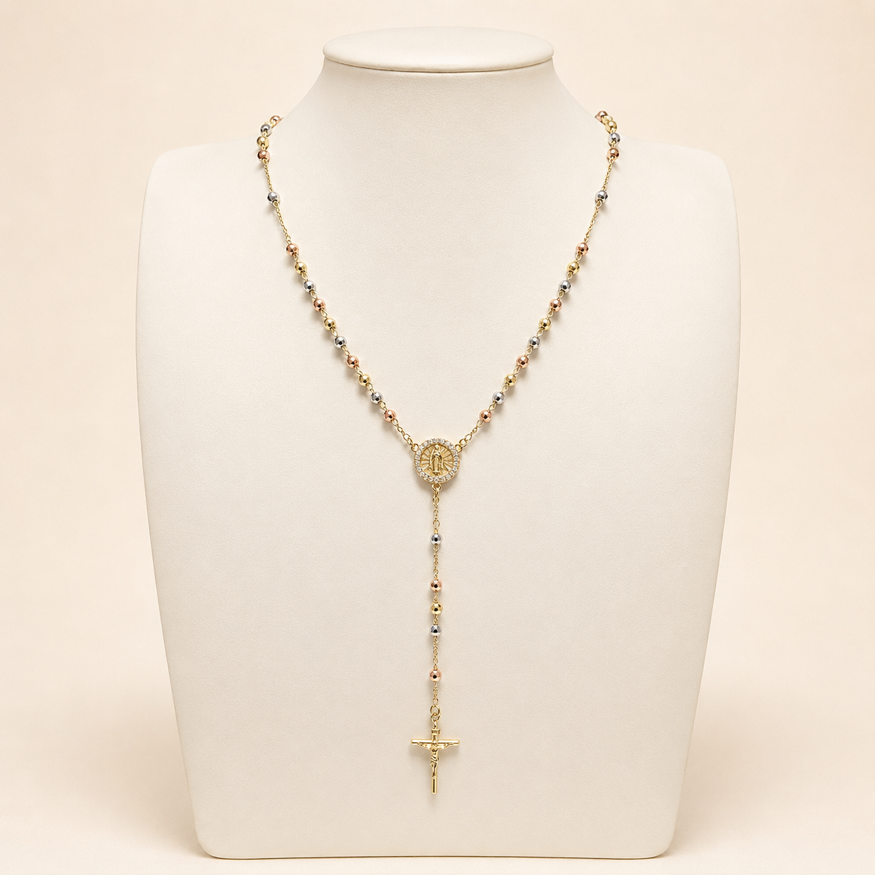 Collar tipo rosario de chapa de oro 18K para venta de joyería religiosa de mayoreo.