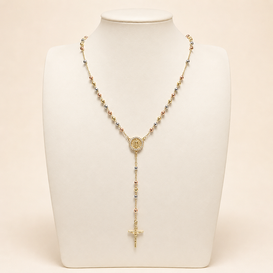 Collar tipo rosario de chapa de oro 18K para venta de joyería religiosa de mayoreo.