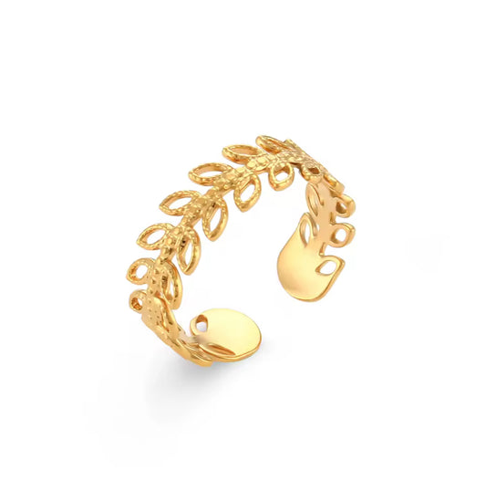 Anillo Laurel de acero inoxidable 316L con diseño de pequeñas hojas.