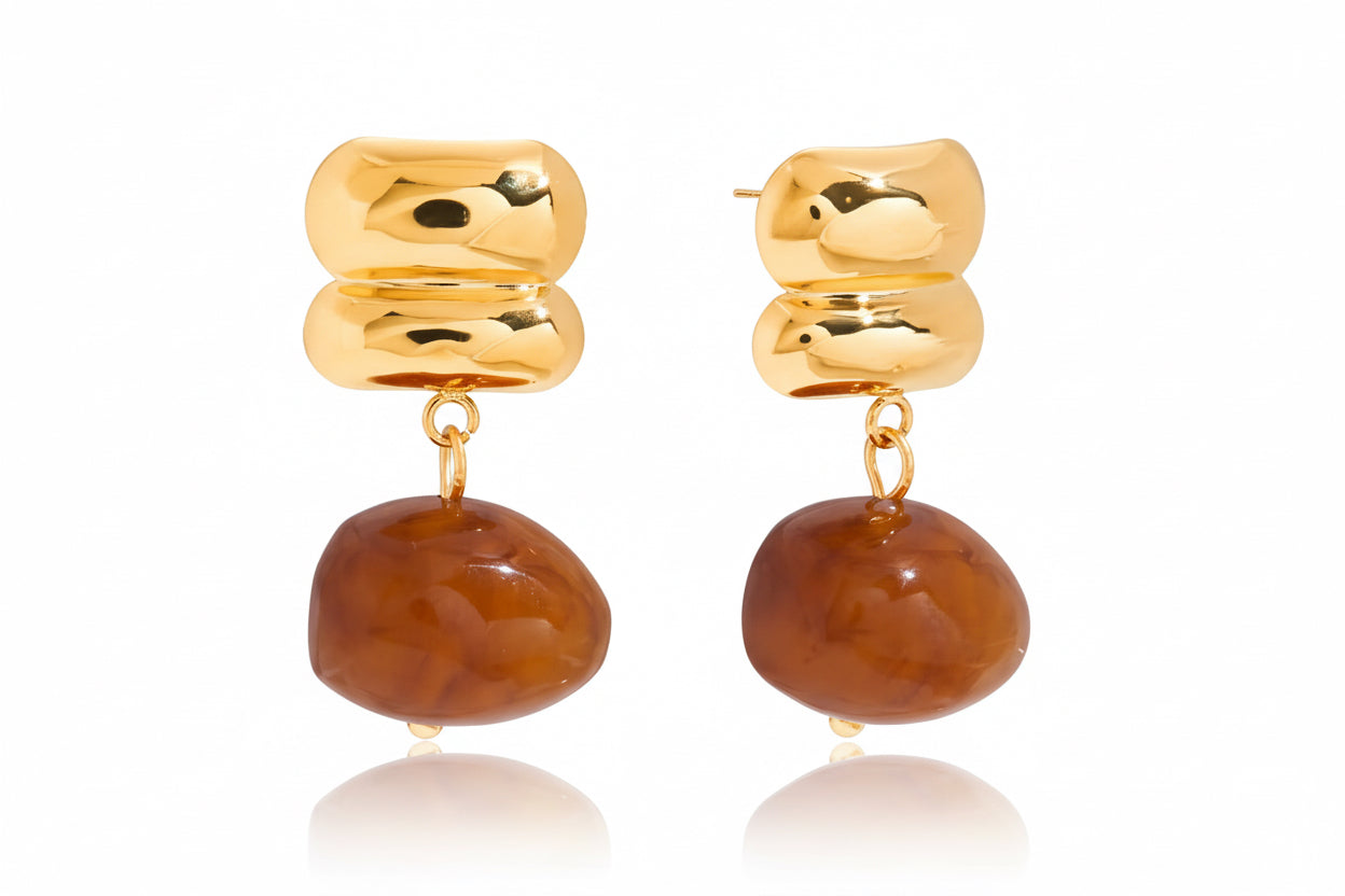 Aretes de acero inoxidable 316L dorados con bola color CAFE DE MAYOREO