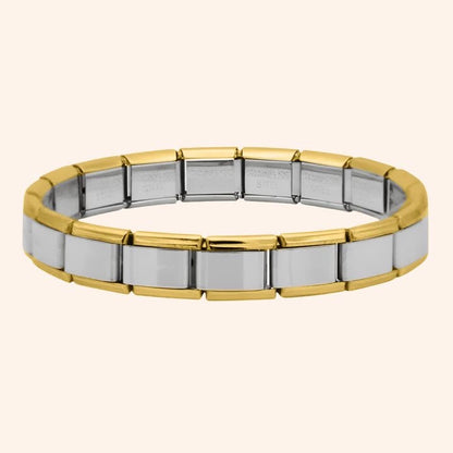 Pulsera Bicolor de chapa de oro 18K con acabado dorado y plateado, de diseño femenino y versátil.