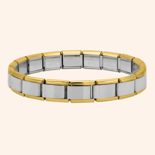 Pulsera Bicolor de chapa de oro 18K con acabado dorado y plateado, de diseño femenino y versátil.