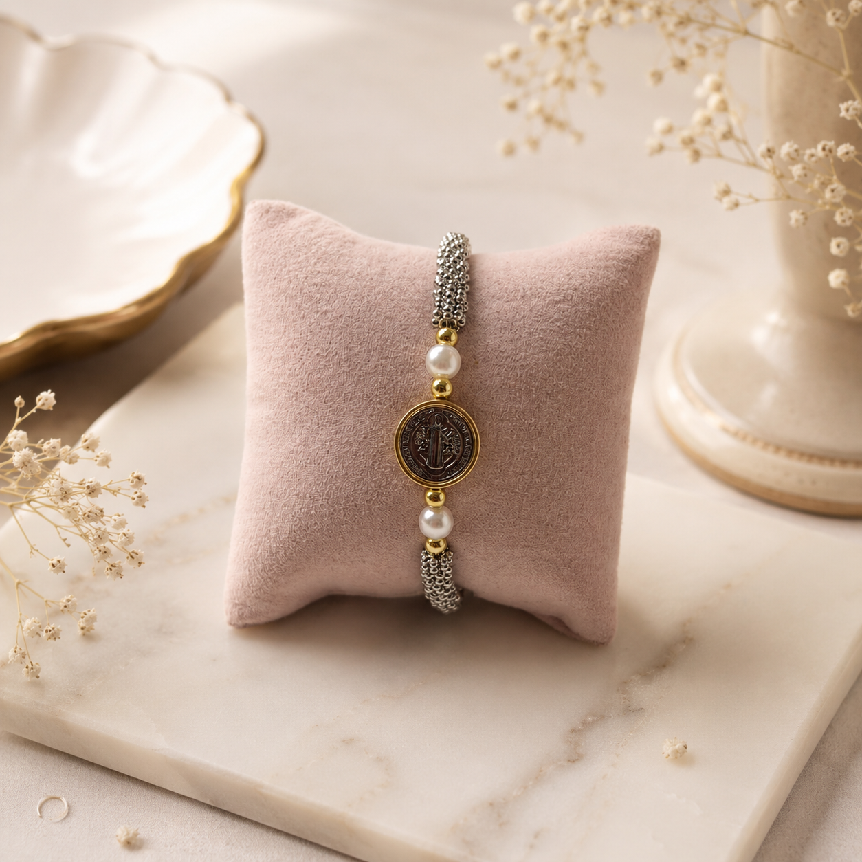 Pulsera religiosa San Benito con detalles en chapa de oro para mayoreo
