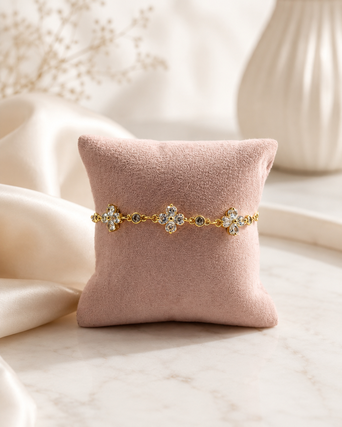 Pulsera con piedras decorativas y detalles en chapa de oro para joyería de mayoreo
