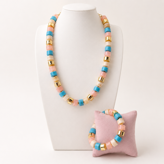 Set de collar y pulsera de acrílico con chapa de oro para joyería de mayoreo
